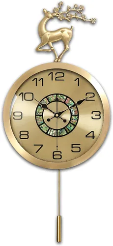 Aero Snail Reloj de pared de 12.6 pulgadas, figura de reno redonda dorada, decoración de concha, reloj con péndulo oscilante, silencioso sin tictac