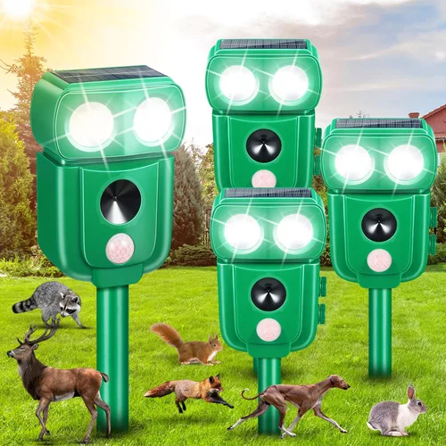 Paquete de 4 repelentes solares ultrasónicos de animales con sonido y luz, ardilla repelente de gatos al aire libre para mapache, coyote, zorro,