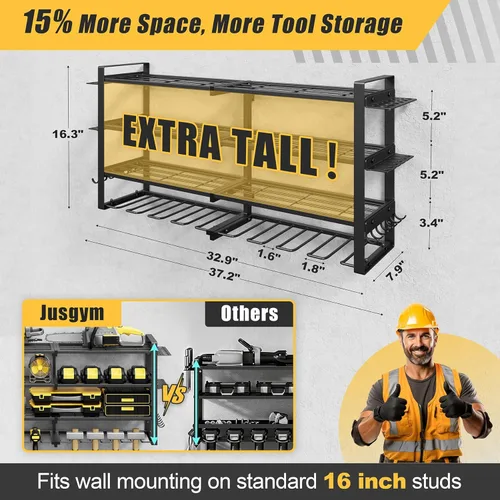 Miniatura 2 de Jusgym Organizador de herramientas eléctricas para montaje en pared, estante de almacenamiento de herramientas de garaje de 450 libras con 8