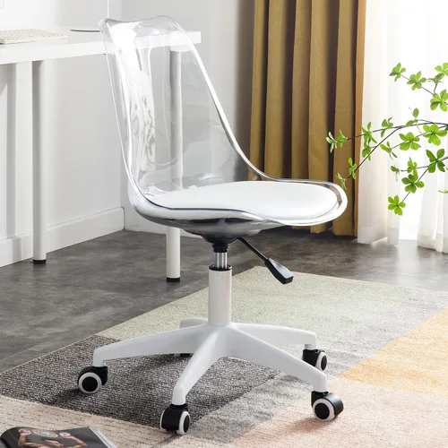 Silla de escritorio de acrílico transparente, sillas fantasmas modernas con ruedas, bonita silla de plástico con ruedas sin brazos con altura