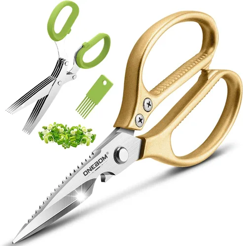 ONEBOM Paquete de 2 tijeras de cocina multifuncionales, acero inoxidable 304 afilado, accesorios de cocina dorados para apartamentos, tijeras de