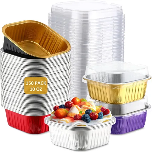 Aoriher 150 piezas de moldes mini para pasteles de 10 onzas con tapas, tazas de horneado de papel de aluminio cuadradas desechables de 4" x 4",