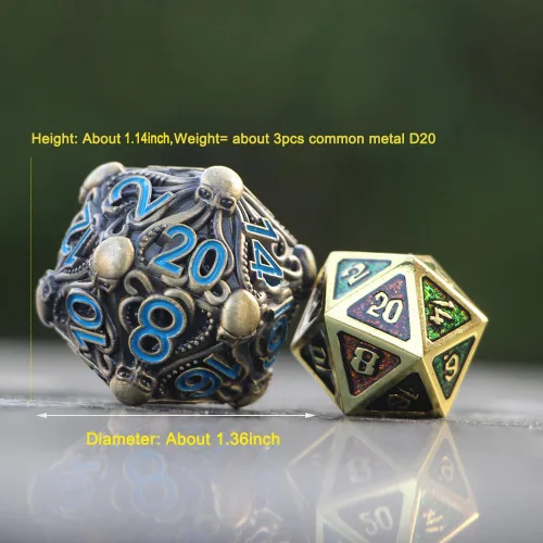 Miniatura 3 de Big Octopus D20 - Dados de metal con acabado de bronce antiguo sólido con números azules, para Cthulhu Mythos, juegos de rol de mesa -DNDWoW BZQB