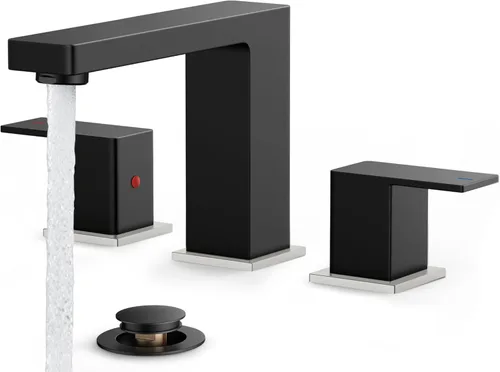 Miniatura 17 de FORIOUS Grifo de baño negro y dorado de 8 pulgadas de extensión amplia cuadrado, 2 manijas, grifos negros mate de 6 pulgadas para lavabo de baño, 3