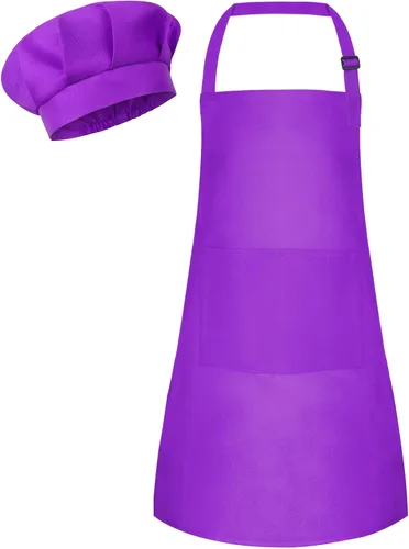 Miniatura 10 de Conjunto de Delantal y Gorro de Chef para Niños, Delantal Infantil Ajustable con 2 Bolsillos, para Niños Chef y Pintura, Cocinar, Hornear