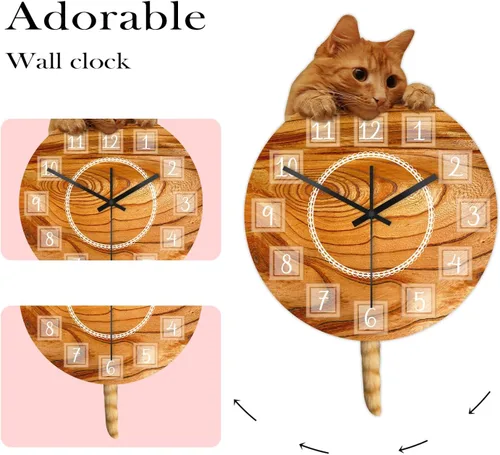 Miniatura 6 de Reloj de gato con cola móvil, reloj de pared oscilante de péndulo de gato, silencioso, sin tictac, funciona con pilas, fácil de montar, reloj