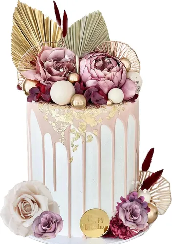 Miniatura 8 de Decoración de pastel bohemia con hojas de palma, flores verdes polvorientas y mariposas, decoraciones para pasteles para boda bohemia, baby shower