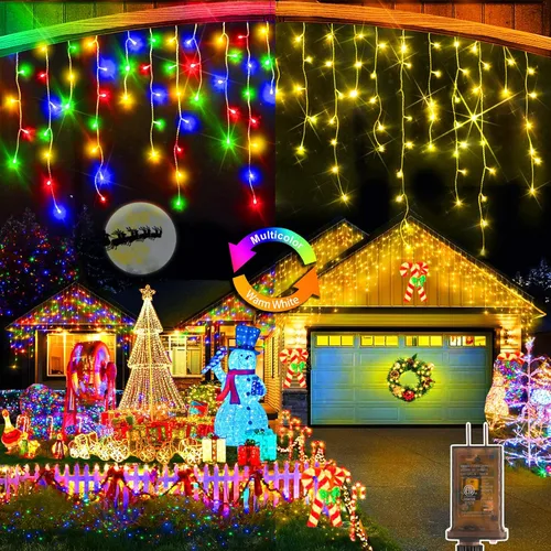 Miniatura 16 de Luces de Navidad para exteriores, 49 pies, 480 luces LED para exteriores, 90 tiras de luces de carámbano con 8 modos, temporizador impermeable