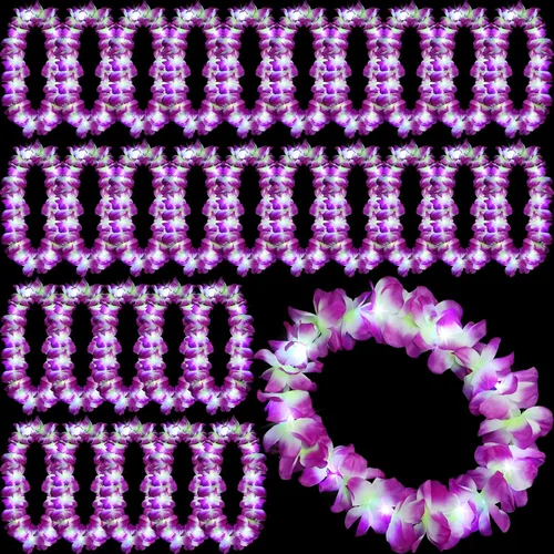 Miniatura 13 de Sherr 24 piezas Collares de leis LED iluminados, collares de flores hawaianas con luces LED para bodas, playa, tropical, carnaval, suministros
