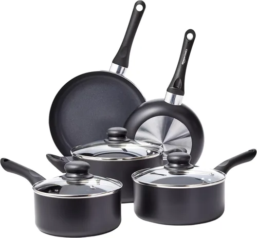 Miniatura 7 de Amazon Basics Juego de utensilios de cocina antiadherentes de 15 piezas, no inducción, incluye ollas, sartenes y utensilios, color negro