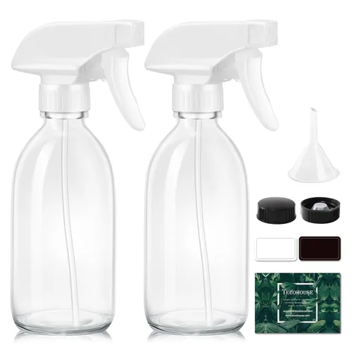 Tecohouse Botella rociadora de vidrio de 8 onzas, recipiente rociador recargable vacío pequeño transparente con etiquetas, embudo, tapas, pipetas