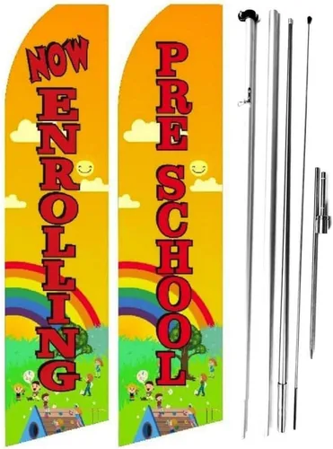 OnPoint Wares Banderas de inscripción preescolar ahora – Paquete de 2 | Banderas de plumas de poliéster resistentes a la intemperie de 2.5 pies x