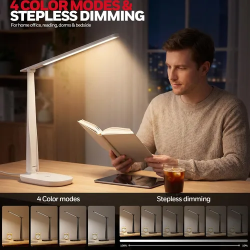 Miniatura 3 de Honeywell Lámpara de escritorio LED para oficina en casa, luz de lectura regulable con 4 modos de color, control táctil, puertos de carga USB-A