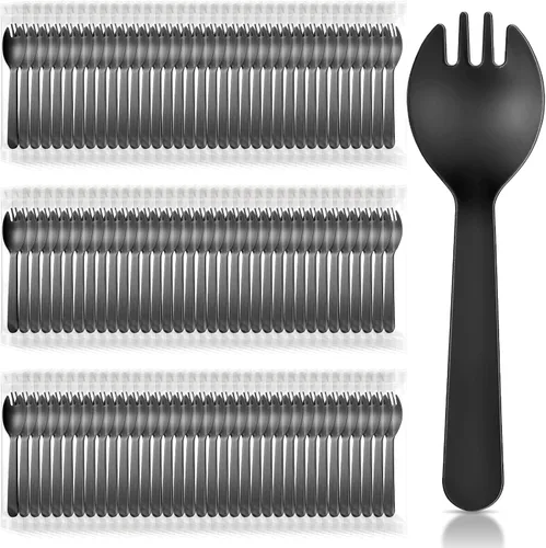 Tioncy Juego de 150 tenedores desechables de plástico envueltos individualmente de 4.5 x 1.26 pulgadas, juego de tenedor y cuchara 2 en 1, Negro
