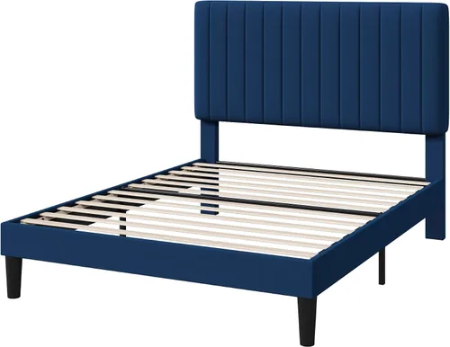 Miniatura 9 de HOOMIC Twin Bed Frame, Velvet Upholstered Platform Bed with Adjustable Vertical Channel Tufted Headboard, Mattress Foundation with Strong Wooden