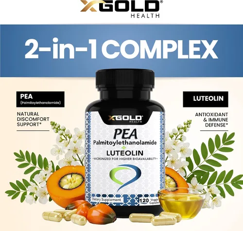 Miniatura 3 de Palmitoiletanolamida 630 mg + luteolina estandarizada 98% - Guisante micronizado 99% altamente purificado y biodisponible - Hecho en Estados Unidos