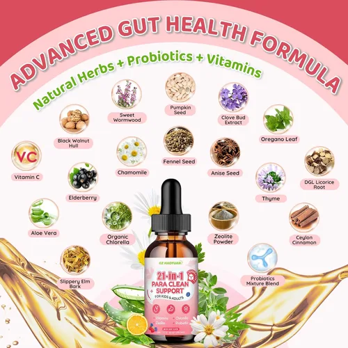 Miniatura 4 de Gotas de limpieza intestinal 21 en 1 - Ajenjo, nogal negro, zeolita, clorella, probióticos 10B y clavo de olor, apoya la desintoxicación líquida