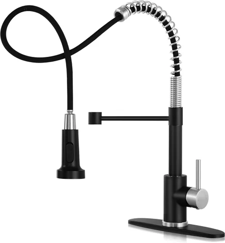 Miniatura 10 de DJS - Grifo de cocina con rociador extraíble, acabado negro mate, ajuste de modo dual, una manija, para 1 o 3 orificios, grifo comercial