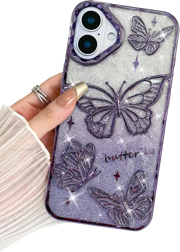 Miniatura 12 de BITOBE Diseñada para iPhone 15 Pro Max, bonita funda de mariposa 3D chapada en purpurina delgada para mujeres y niñas, protección de cámara, Negro
