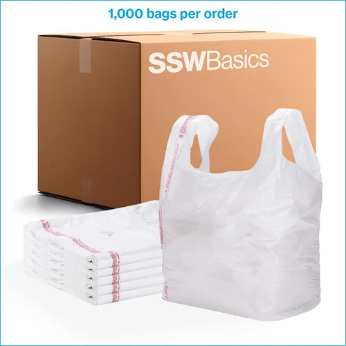 Miniatura 6 de SSWBasics Bolsas de plástico blanco para camisetas con asas - Caja de 1000 (11 ½" x 6 x 21)
