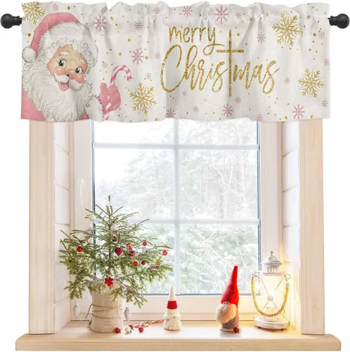 Miniatura 11 de Cenefa de Navidad para ventanas, cenefas de Papá Noel, cenefa con bolsillo para barra, tratamientos de ventana, cortinas cortas a cuadros rojos