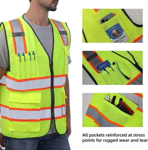 Miniatura 2 de Dib Safety Chaleco reflectante de alta visibilidad en dos tonos con bolsillos y cremallera, cumple con ANSI Clase 2, amarillo con ribete naranja, XL