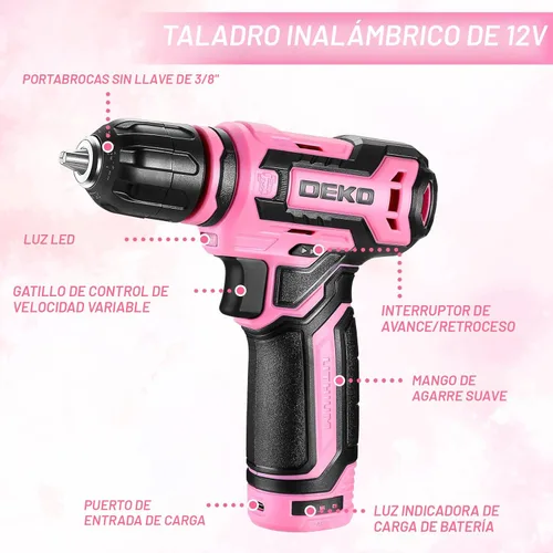 Miniatura 4 de Juego de herramientas rosas: caja de herramientas DEKOPRO Home Mechanic con taladro inalámbrico de 12 V de potencia, juego de herramientas