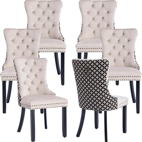 Miniatura 156 de ODUSE-DAILY - Juego de 4 sillas de cocina y comedor de terciopelo beige, tapizadas en tela, respaldo alto con alas, anilla metálica, estructura