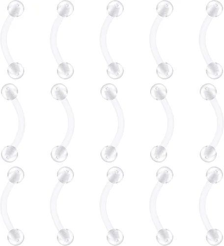 Miniatura 10 de FECTAS Aretes de plástico flexible transparente de 16G y 14G, anillos para cejas, barras curvadas, retenedores para piercing de vientre, 15