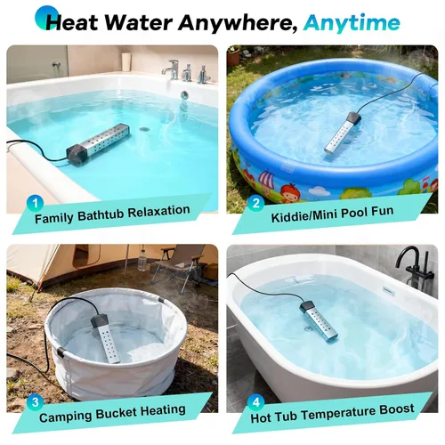 Miniatura 6 de Calentador de agua de inmersión portátil de 2000 W con termostato integrado y arranque retardado, calentamiento rápido para cubos, bañeras, bañera
