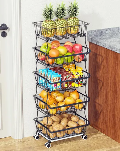 Miniatura 11 de OKZEST Organizador de piso de despensa rodante de 3 niveles y carrito de almacenamiento con ruedas, cestas apilables de despensa de alambre