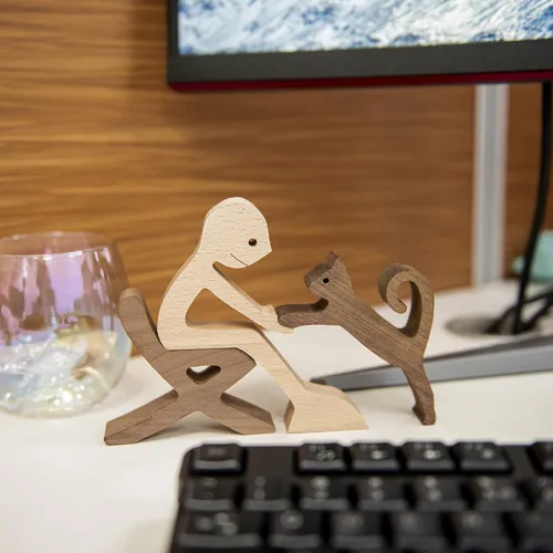 Miniatura 7 de ISHINE Escultura de madera para hombres y gatos, figuras de animales hechas a mano, decoración de madera, figura coleccionable para oficina en casa