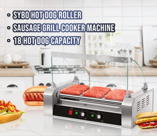Miniatura 6 de SYBO Rodillo para Perros Calientes - Capacidad de 18, Rodillos de Acero Inoxidable Antiadherentes, Cubierta de Vidrio Desmontable, 1000 Vatios