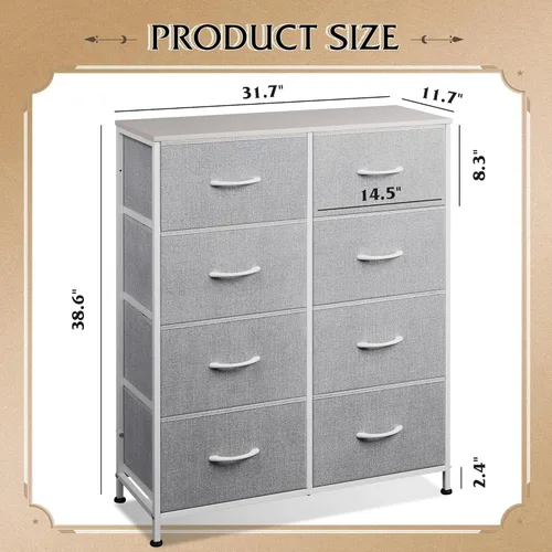 Miniatura 3 de WLIVE - Cómoda de tela para dormitorio, cómoda alta con 8 cajones, torre de almacenamiento con contenedores de tela, cómoda doble, cómoda con Gris