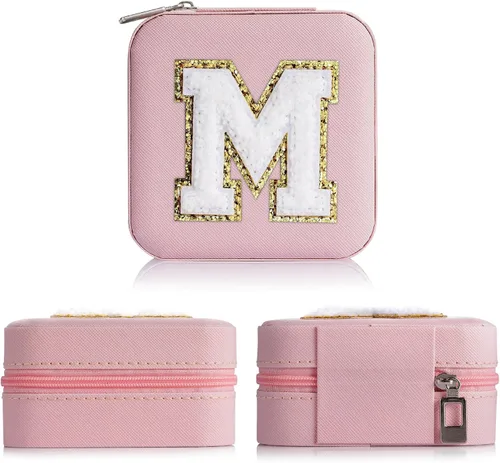Miniatura 3 de Yqljew Joyero de viaje para mujeres y niñas, caja de joyería con inicial M para adolescentes y niñas, caja de joyería pequeña de viaje para mujeres