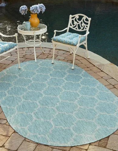 Unique Loom Outdoor Trellis Collection Alfombra de Área (5' 1" x 8' Oval, Aguamarina/Gris)