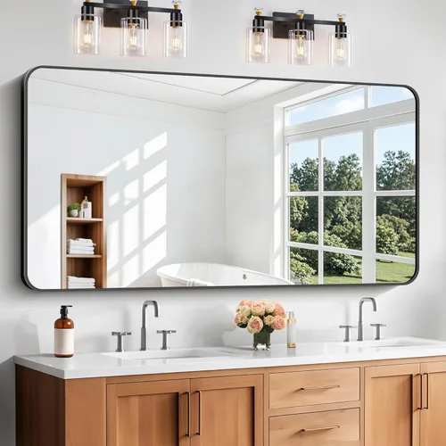 Miniatura 34 de Espejo de baño de 18 x 24 pulgadas con marco de metal negro rectangular, espejo de tocador rectangular de esquinas redondeadas, espejo de pared