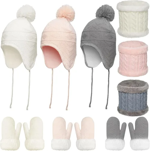 Juego de 3 sombreros para bebé niña, incluye gorro de invierno para niños pequeños, bufanda cálida para niños, bufanda y guantes para niños de 1 a 3