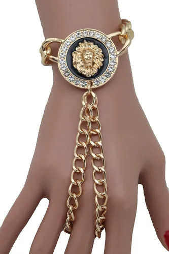 Miniatura 3 de Pulsera de cadena de mano para mujer, diseño de león, anillos de esclavo, metal dorado, Metal