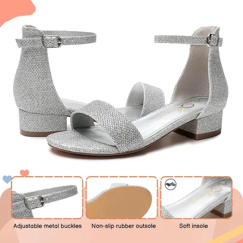 Miniatura 5 de Athlefit Sandalias para niñas, puntera abierta, correa en el tobillo, tacones bajos, zapatos de vestir para niñas pequeñas y grandes