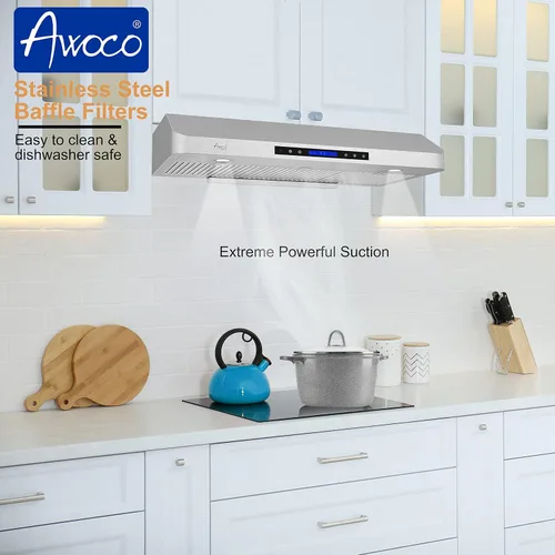 Miniatura 5 de Awoco RH-C06-A36 Classic - Campana extractora de acero inoxidable de 0.039 in de alto y 0.039 in de grosor, 4 velocidades, 900 CFM, con 2 luces LED