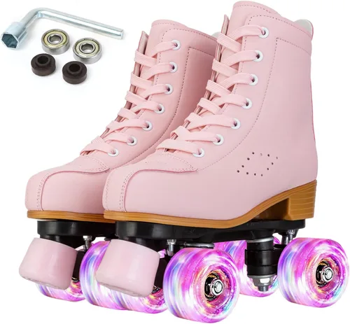 Miniatura 11 de SilverTree Patines de ruedas para mujeres y niñas, de piel sintética, para adultos, ruedas Derby con luz, cuatro ruedas brillantes