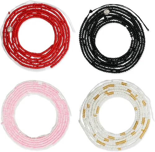 4 cuentas de cintura africana hechas a mano de 50 pulgadas para mujer, no elásticas (corbata)