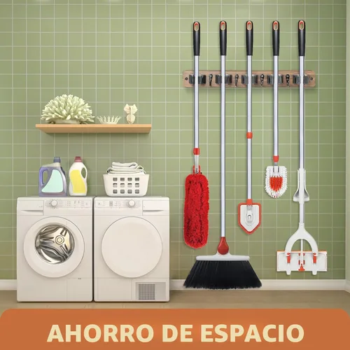 Miniatura 6 de IMILLET - Soporte de pared para escobas, colgador de escobas de madera rústica con 5 estantes y 4 ganchos, organización y almacenamiento