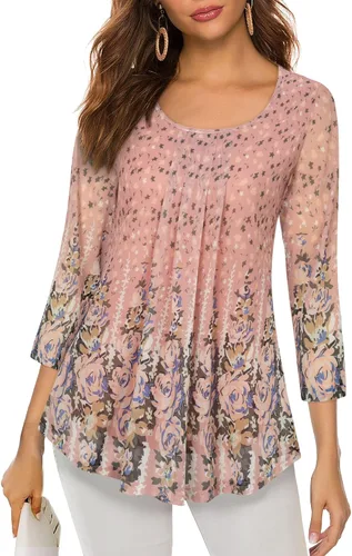 Miniatura 2 de VALOLIA Blusa de manga 34 para mujer, estilo casual, holgada, floral, de malla, plisada, en capas