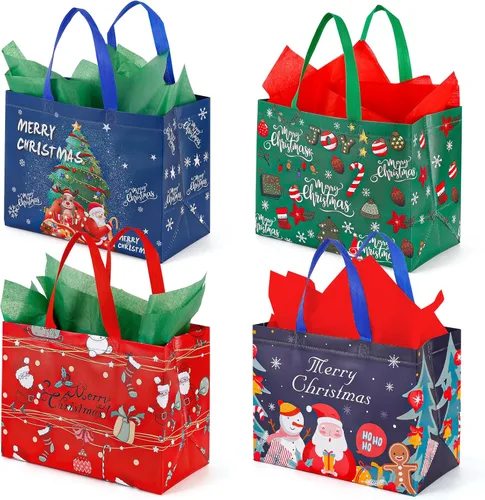 YANGTE - Paquete de 12 bolsas grandes de regalo de Navidad reutilizables, con asa, bolsa de Navidad de tela no tejida para fiestas y eventos de