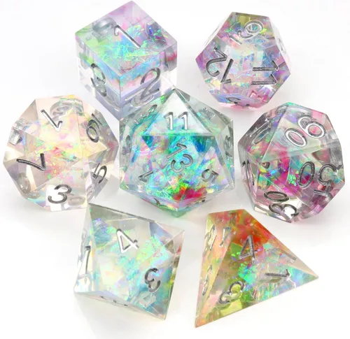 Miniatura 27 de Haxtec Juego de dados brillantes de borde afilado, dados DND de resina hechos a mano con inclusión de Mylar iridiscente, mezcla de color morado Azul