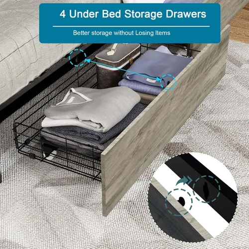 Miniatura 5 de Kiivakii Base de cama Queen con cabecero, base de cama de plataforma LED con 4 cajones de almacenamiento, estación de carga integrada, sin ruido