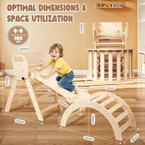 Miniatura 2 de Conjunto de Triángulo Pikler Plegable Juguetes de Escalada de Madera para Niños Pequeños Interiores, Parque Infantil Gimnasio de Jungla para Niños