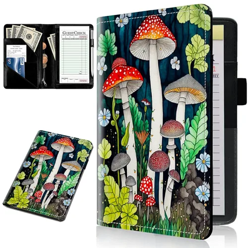 Miniatura 17 de Libreta para mesera, color negro, de 5 x 7.75 pulgadas, con cremallera y soporte para bolígrafo, libro de camarera para tarjetas de crédito, Setas